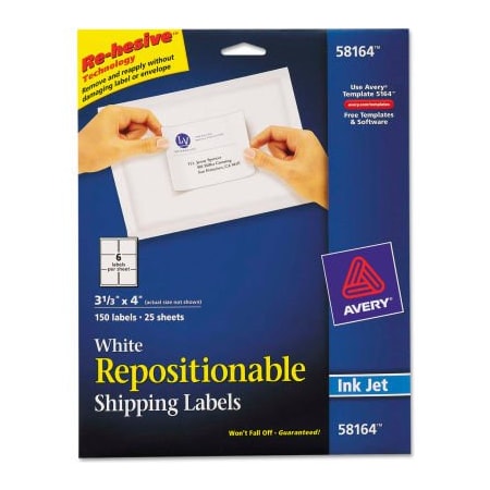 Avery Avery Repositionable Shipping Labels for Inkjet Printers, 3 1/3 x 4, White, 150/Box 58164